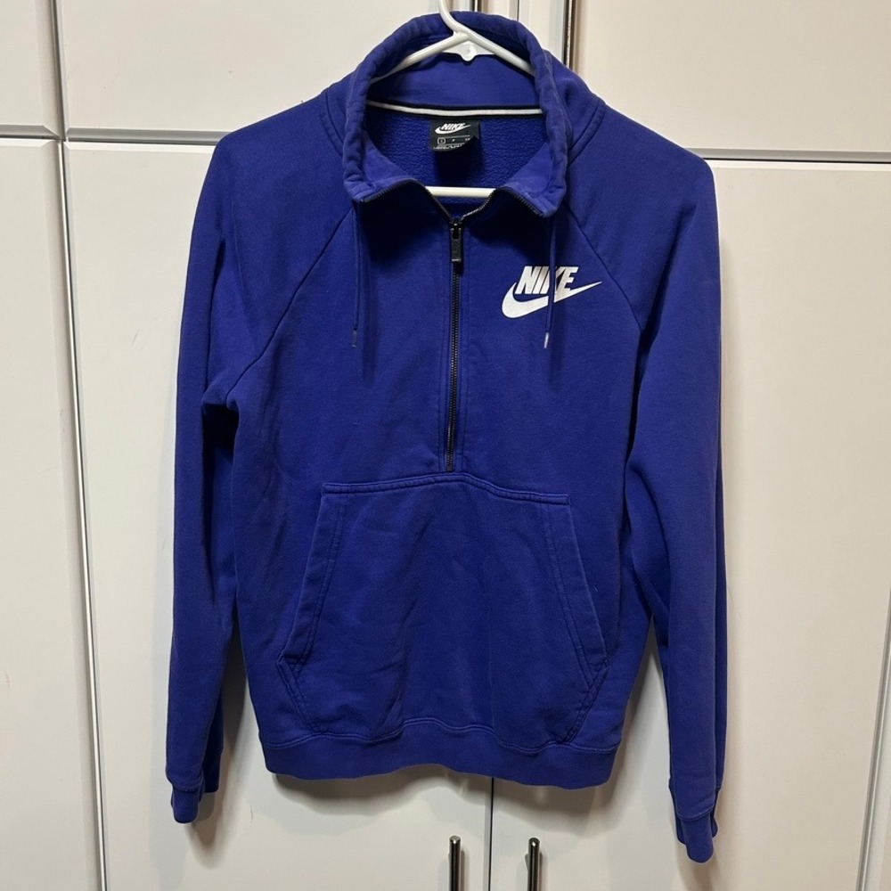 Nike Mens Quarter Zip Pullover Sweatshirt Blue Fleece Logo Pocket Small